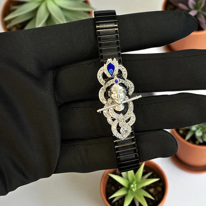 Divine 925 Silver Krishna Bracelet with Stone & Enamel Work – Spiritual Elegance for Devotees Worldw