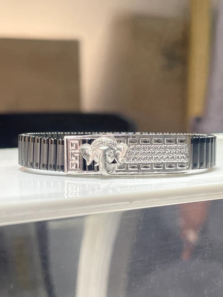 Lord Ganesha Bracelet for Men | 925 Silver Black Kada with Ganpati Design