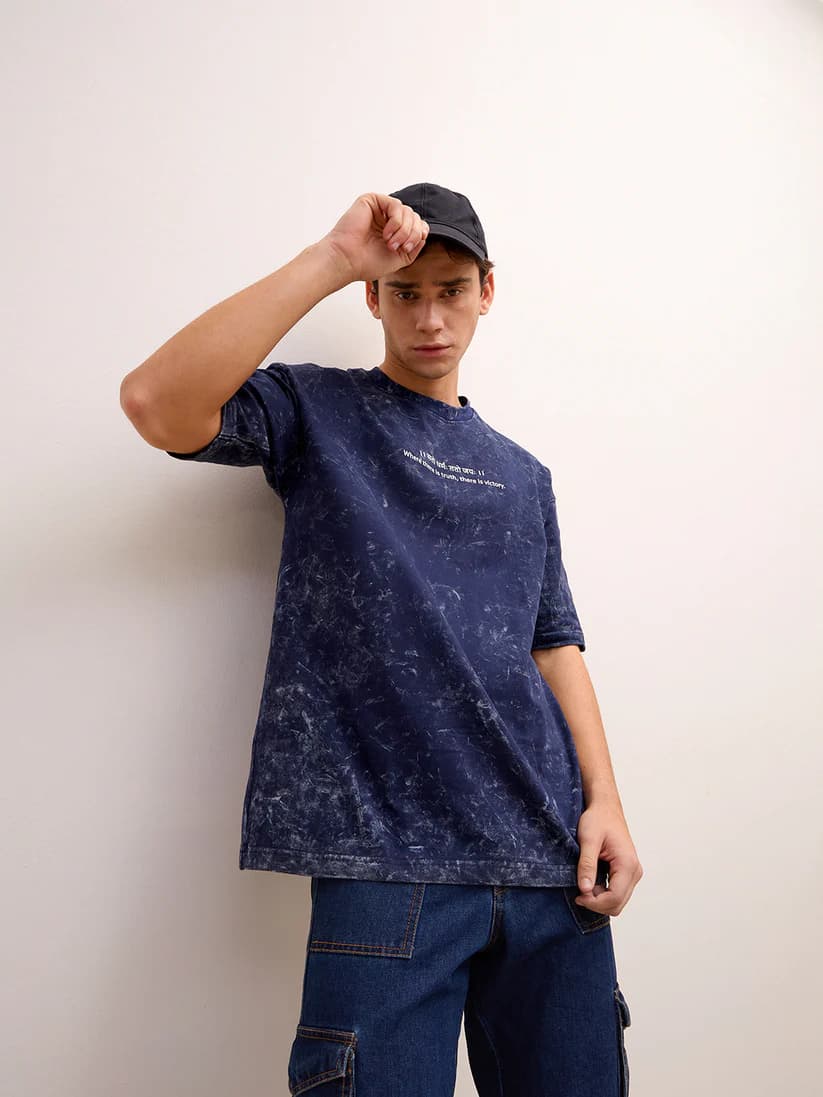 Indigo Blue Acid Wash Oversized T-Shirt - "।। यतो धर्मः ततो जयः ।।" Sanskrit quotes