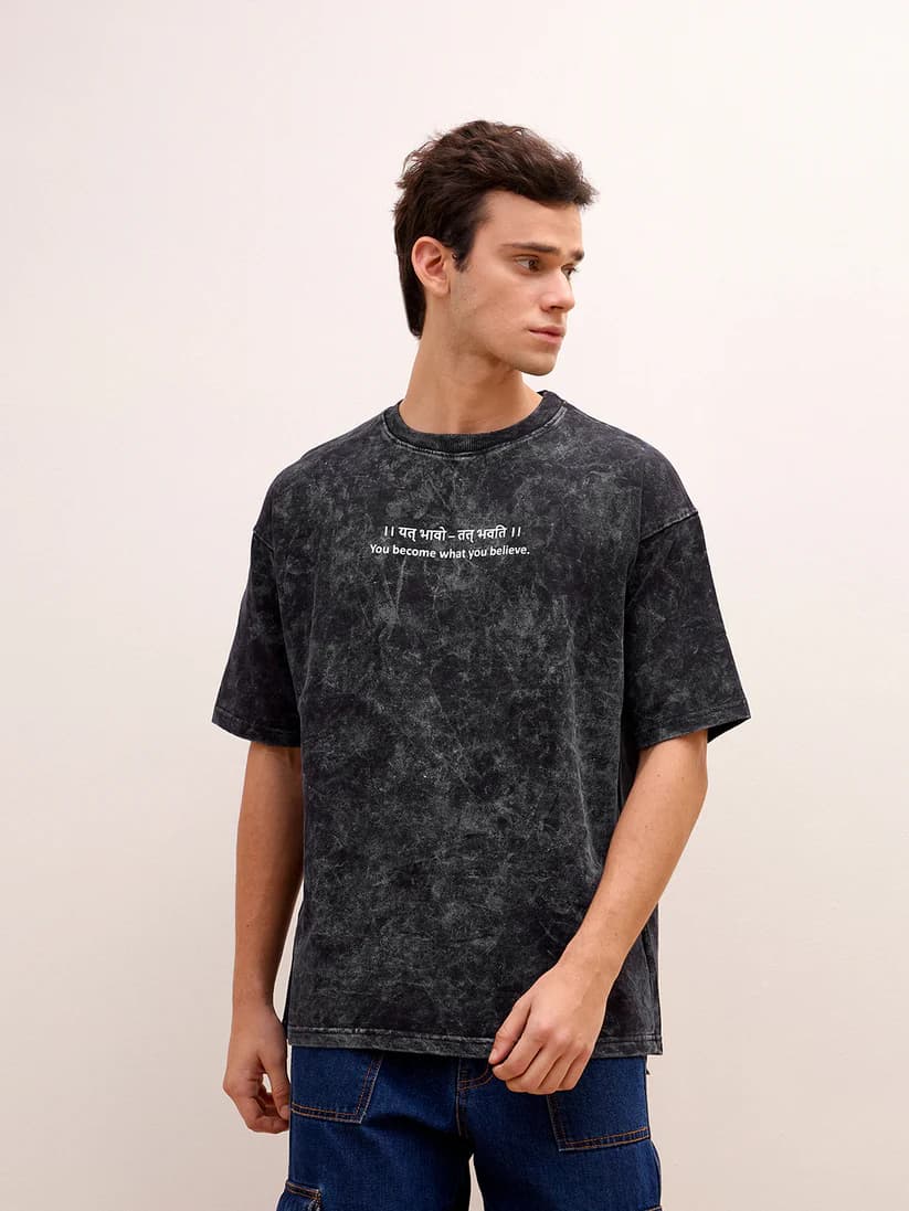 Black Acid Wash Oversized T-Shirt - "।। यत् भावो – तत् भवति ।।" Sanskrit quotes