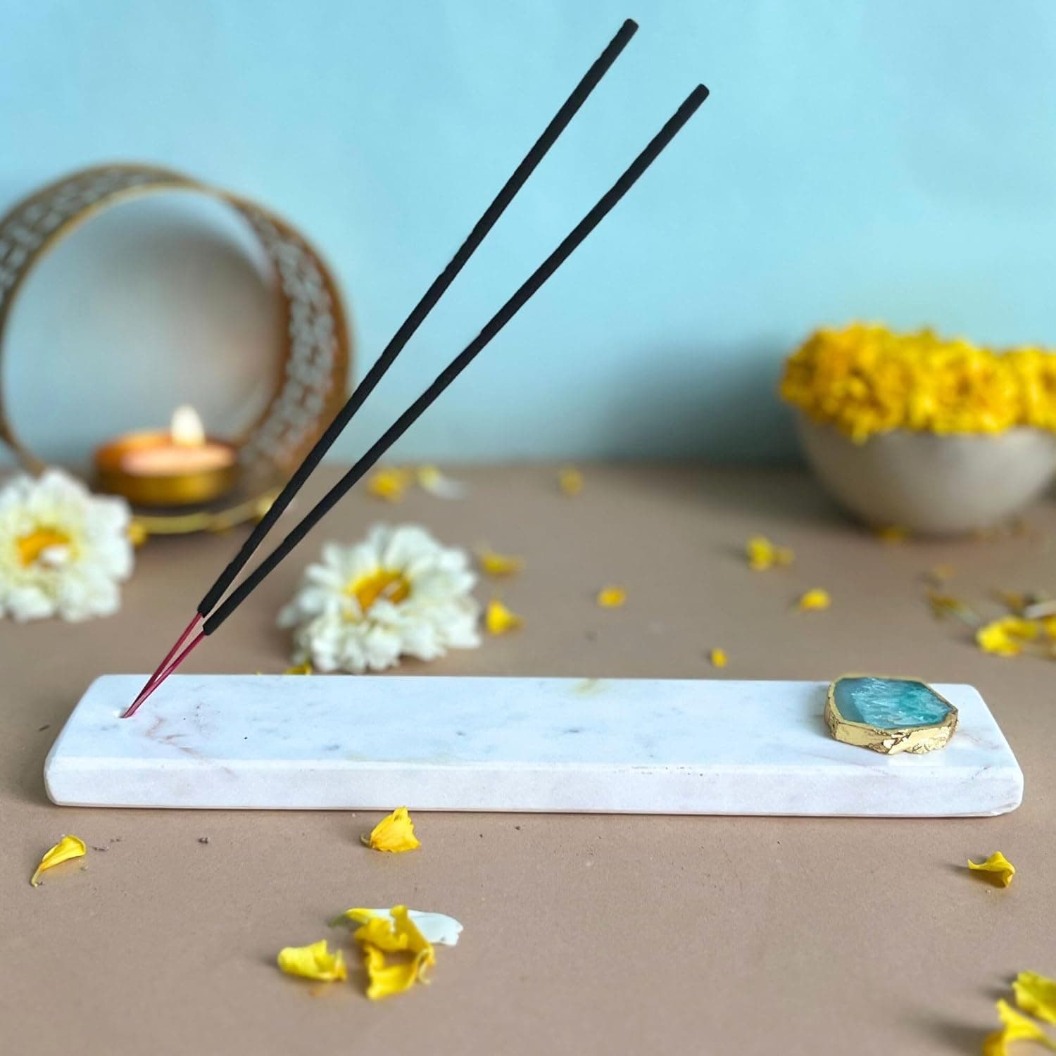 Handmade Marble with Agate Gold Plating Agarbatti Stand Puja Incense Stick Holder with Ash Catcher