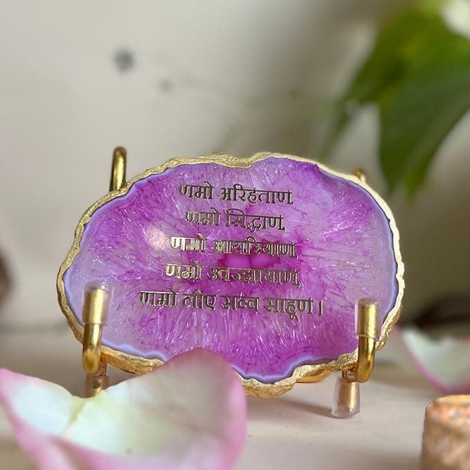 Namokar Mantra Metal Holder with Pink Agate Festive Home Décor Showpiece Perfect Temple Decorative