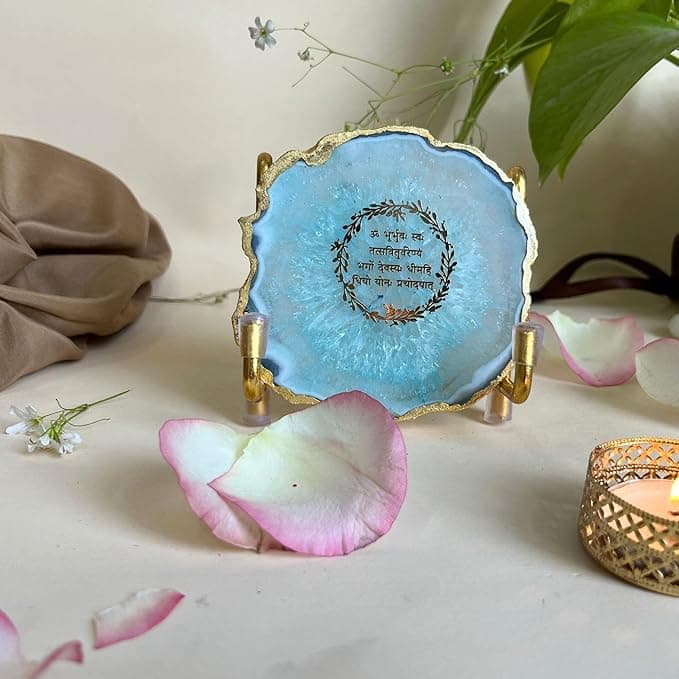 Gayatri Mantra Metal Holder with Turquoise Agate Festive Home Décor Showpiece Perfect Temple Decor