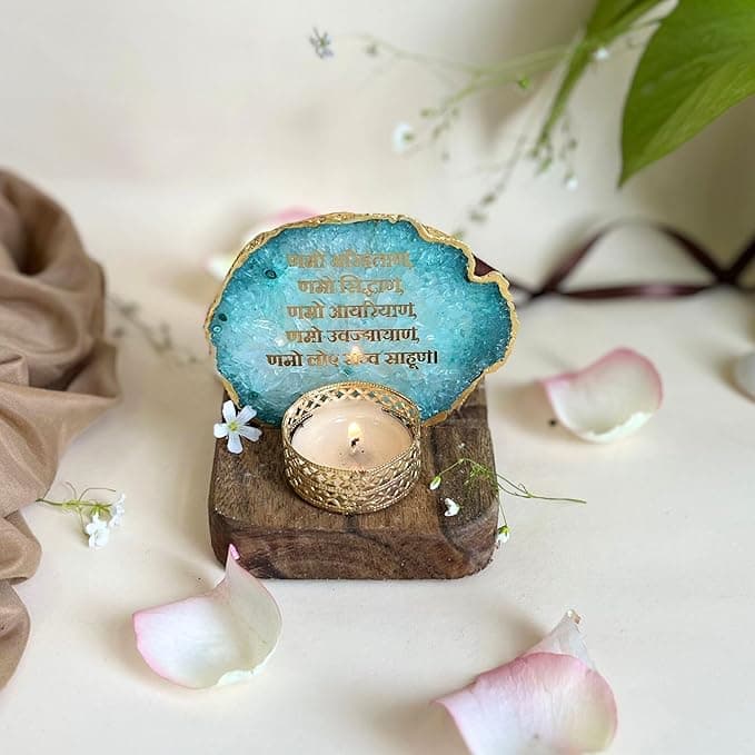 Namokar Mantra Tea Light Holder Green Agate with Wood Festive Home Décor Light Holder