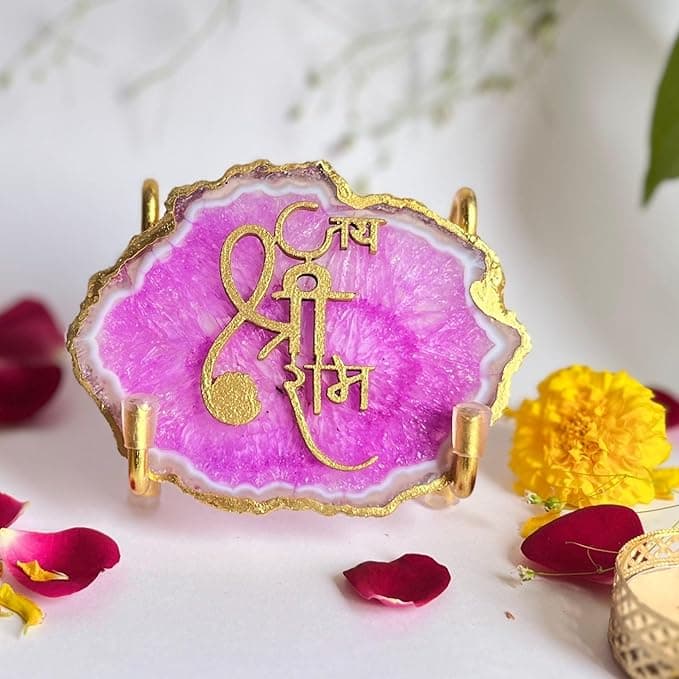 Handmade Jai Shree Ram Pink Agate Stone with Metal Stand Religious Home Décor Ideal Cooperate Gift