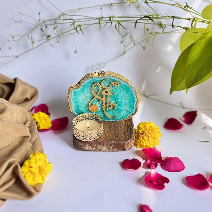 Jai Shree Ram Green Agate Stone with Wood Stand Religious Home Decor Ideal for Bedroom