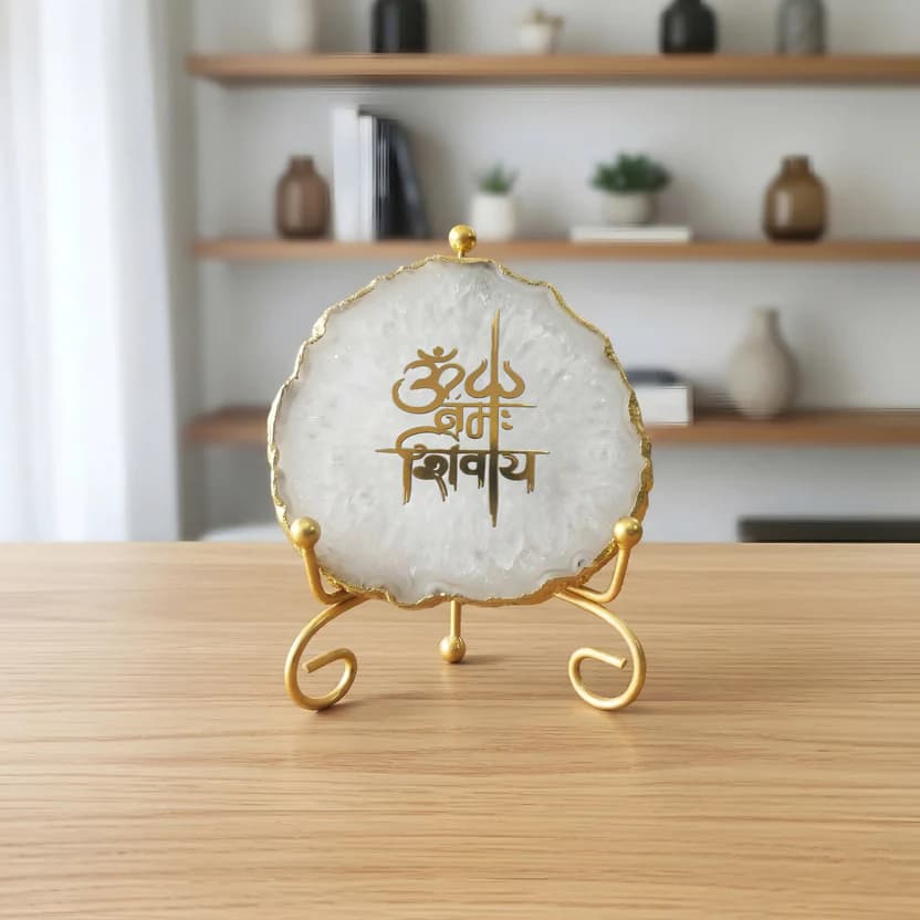 Agate Om Namah Shivay Showpiece with Metal Stand - White