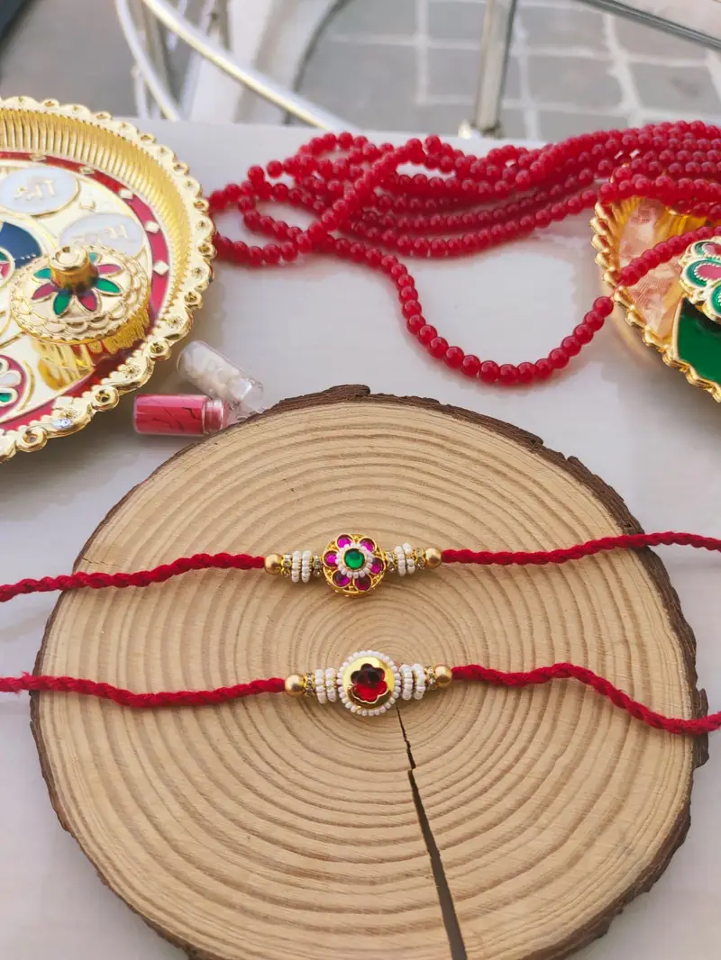 Traditional Meenakari Floral Pearl Beaded Designer Rakhi (2Piece)