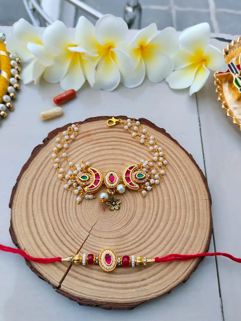 Royal Pink Chand Kundan Multi-Strand Pearl Bhaiya Bhabhi Combo Rakhi Set