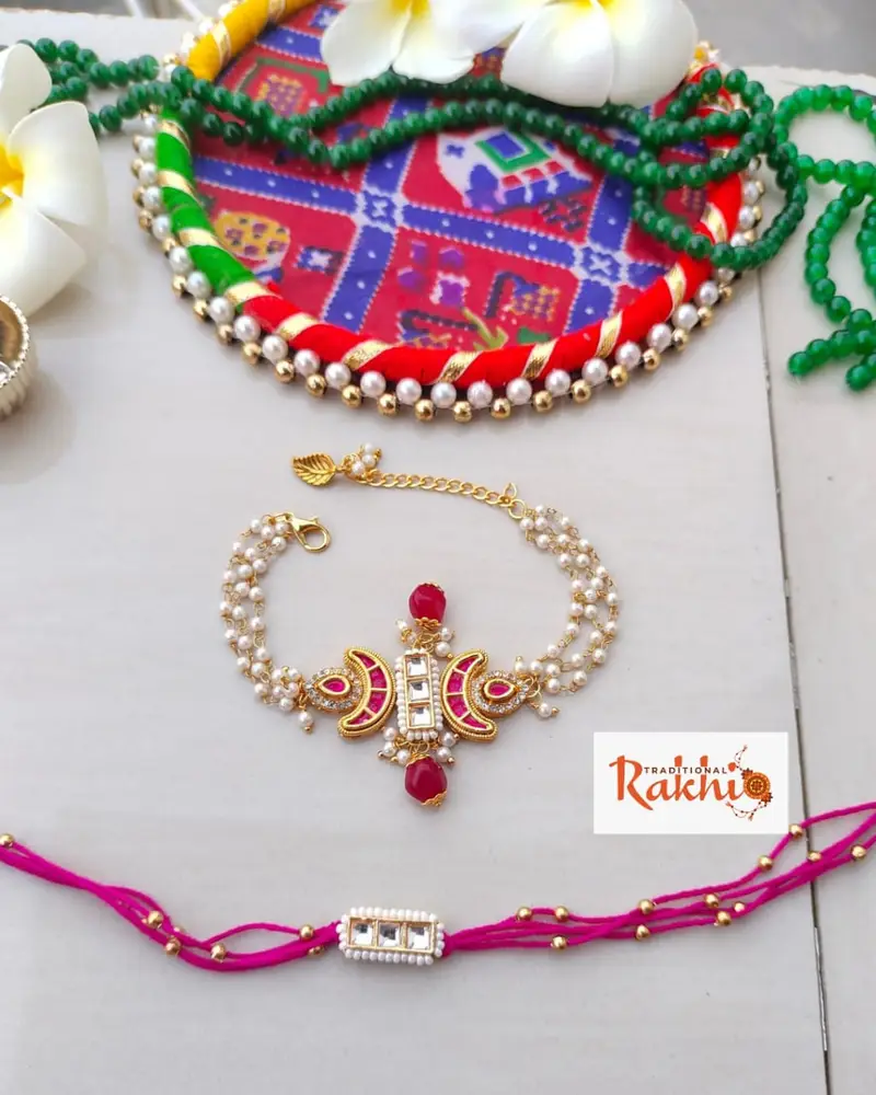 Royal Kundan & Pearl Couple Rakhi Set – Bhabhi Bracelet & Bhai Rakhi Combo