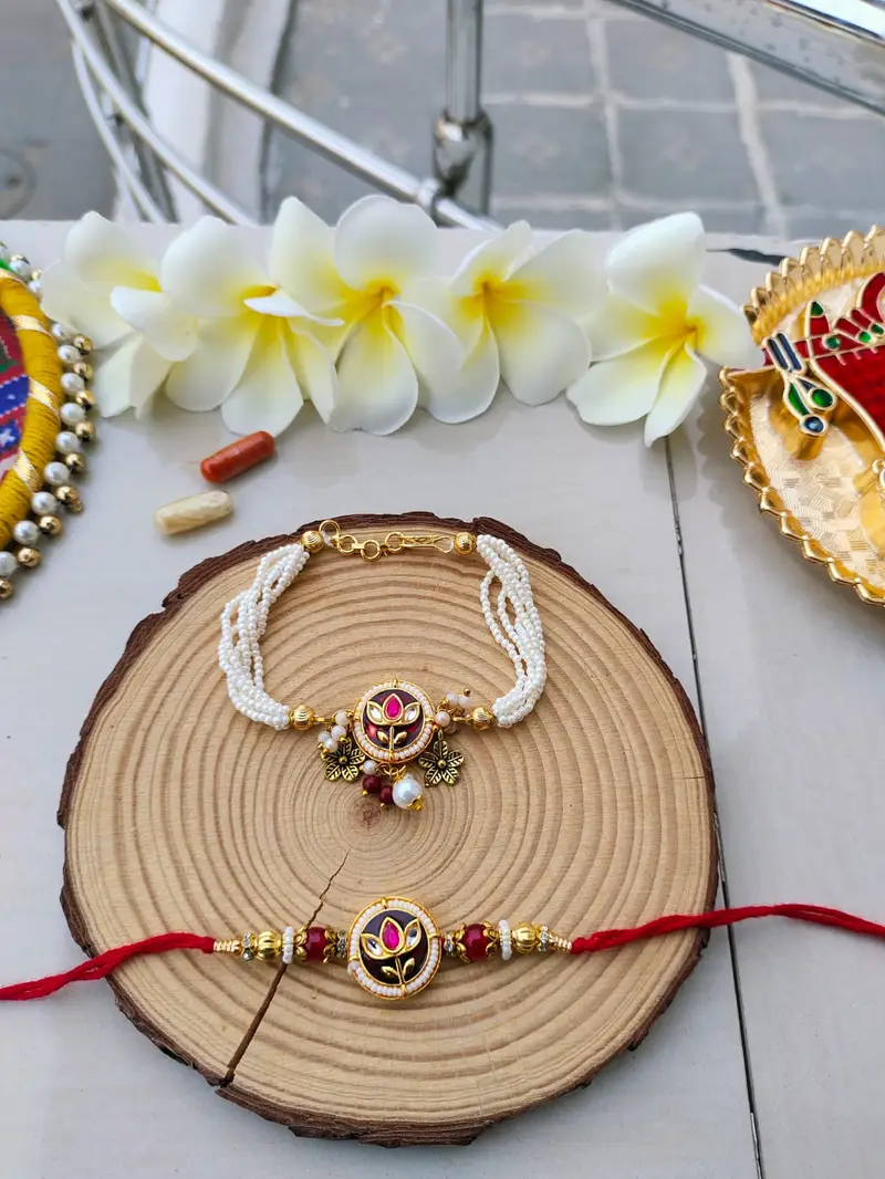 Royal Maroon Lotus Kundan Bhaiya Bhabhi Combo Rakhi Set