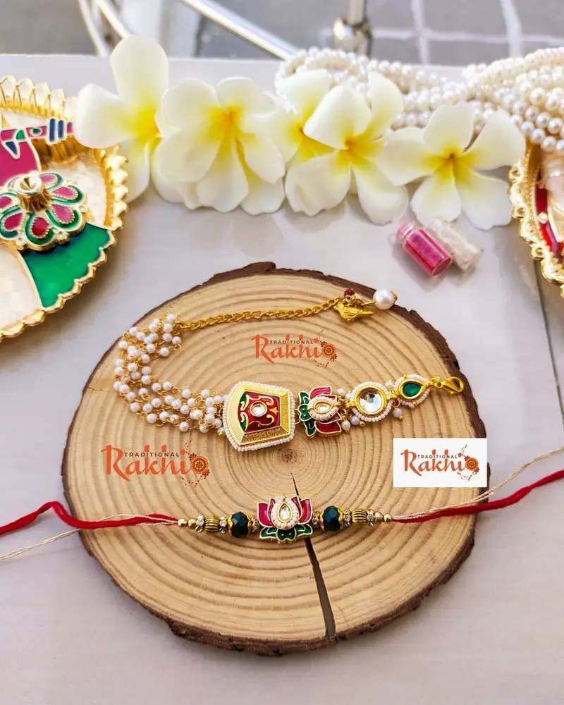 Royal Meenakari & Kundan Lotus Bhaiya Bhabhi Rakhi Combo Set (With Multi-Strand Pearl Lumba Bracelet