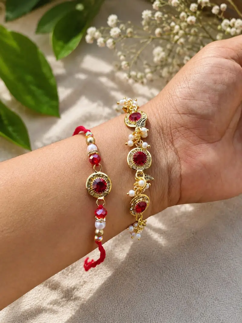 Ruby Red Crystal & Floral Leaf Bhaiya Bhabhi Rakhi Combo Set