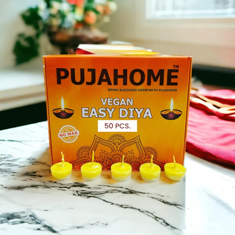 Pujahome Vegan Diya Wicks (50 Pieces - White) 30min Burning Time, Wax Free | Vegan Diya Batti