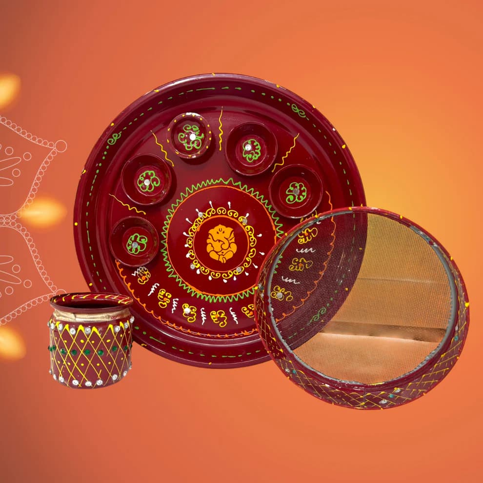 Pujahome Handmade Karwa Chauth Pooja Thali Set | Stainless Steel Thali | Kalash, Diya, and Bowls